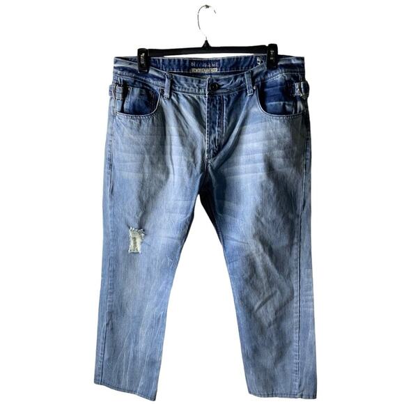 Division E Jeans Mens 38x27 Whiskers Distressed Straight Leg Mid Wash Streetwear - Picture 1 of 14